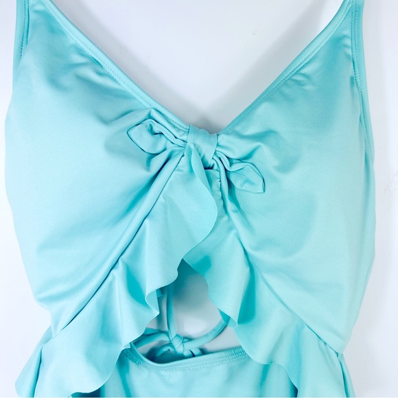 Hurley One Piece Cut-Out Ruffle Swimsuit Sea Foam Tiffany Blue M NWT - Picture 3 of 11